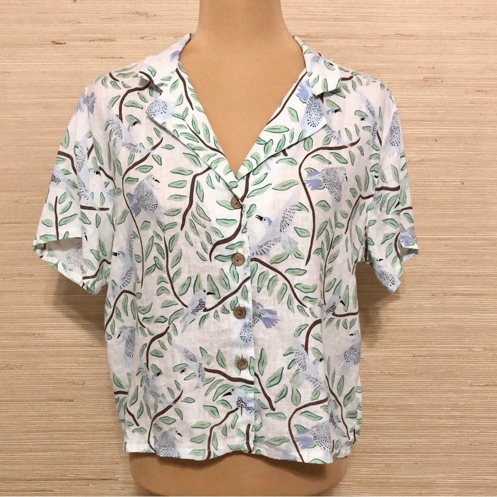 Novelty Blue Bird & Leaf Print 100% Linen Button-up Women's Collared Blouse
